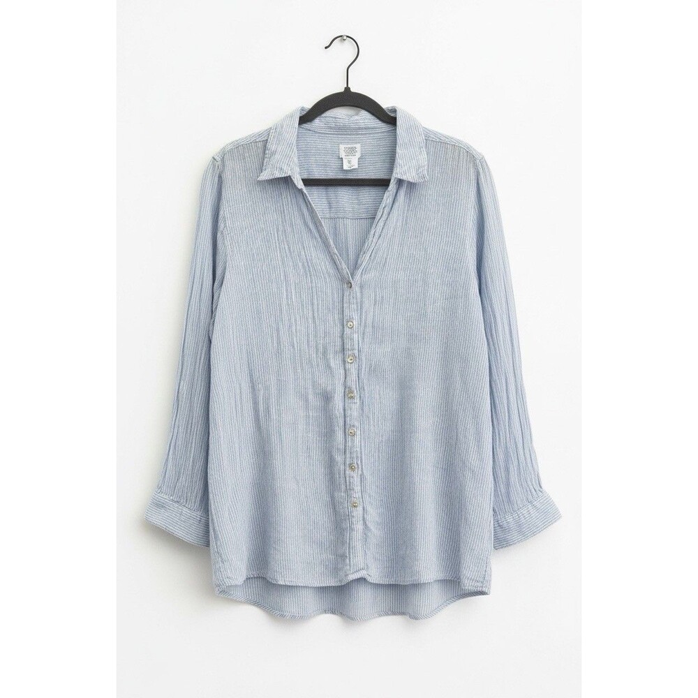Sigrid Olsen 1X Linen Shirt Womens Blue White Stripe Roll Tab Sleeve Button Up